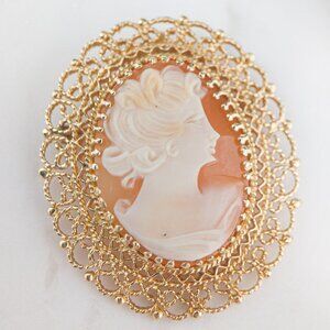 14K Gold Shell Cameo Brooch Pendant Filigree Frame Vintage TCJI